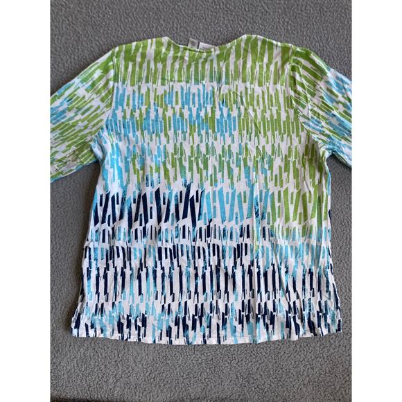 Weekends Chicos Top XL 3 Abstract Art Striped 3/4 Sleeve Green Beach Boho Shirt - Picture 5 of 16